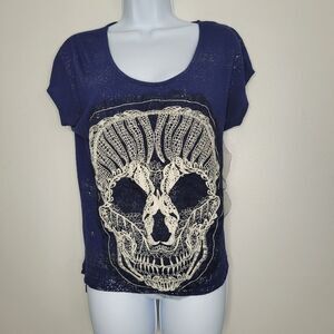 lace embroidered mesh skull emo scene y2k blue white shirt size medium